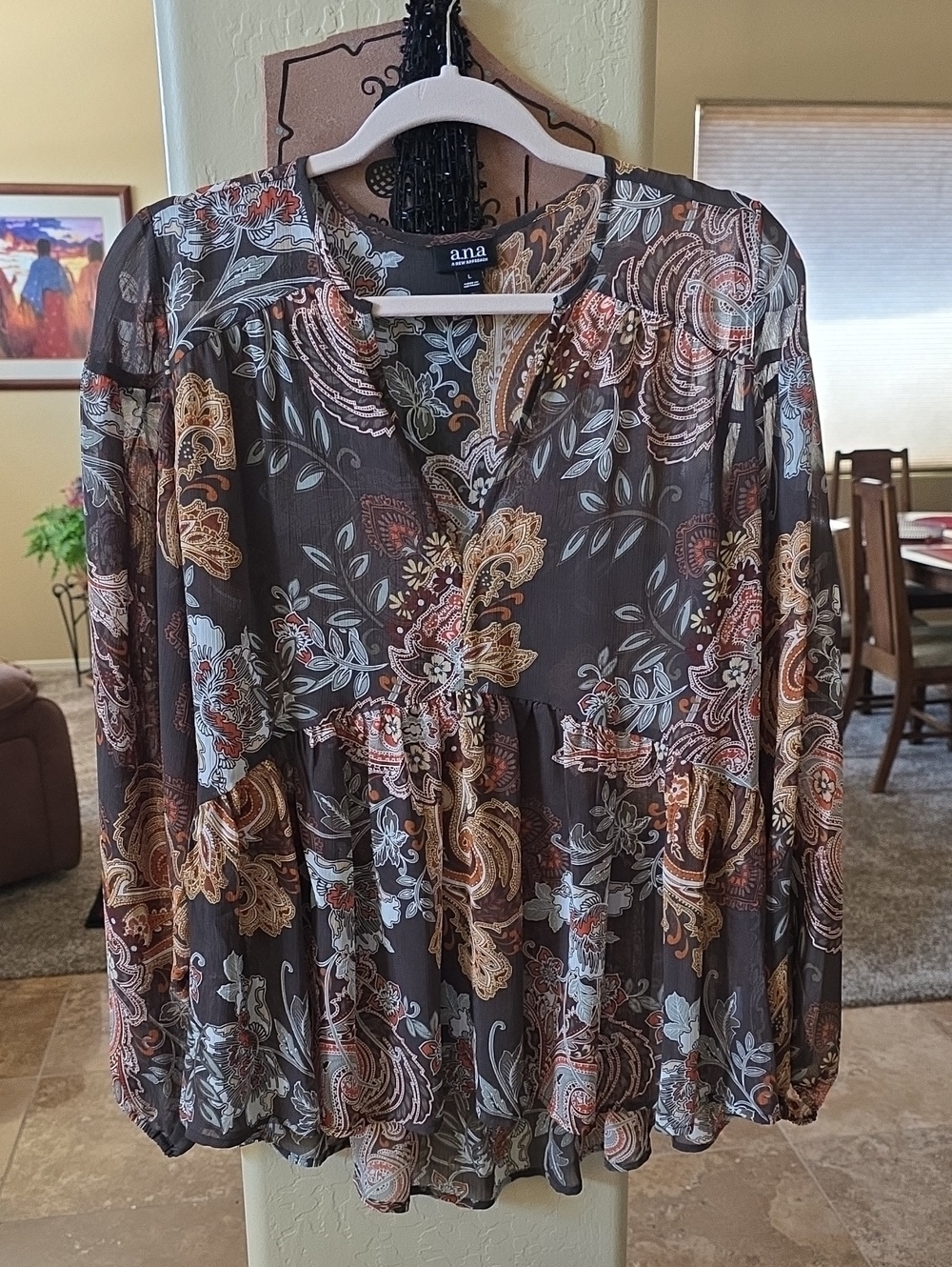 a.n.a Womens Brown Paisley Sheer Boho V-Neck Top